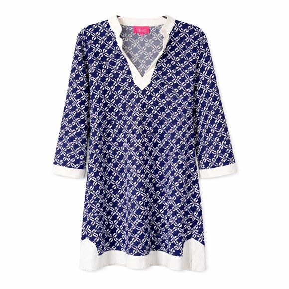 Britt Ryan Dresses & Skirts - Britt Navy White Chain Print Tunic Dress XL Stretch Resort Shift Beach Cover Up